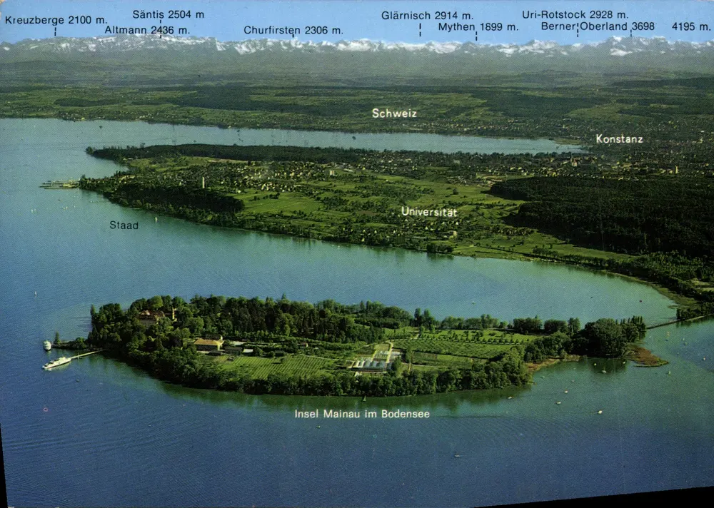Insel Mainau im Bodensee — Luftbild mit Alpenbergen — Boden-Ansichtskartenverlag Nr. 24/14 - Vorderseite