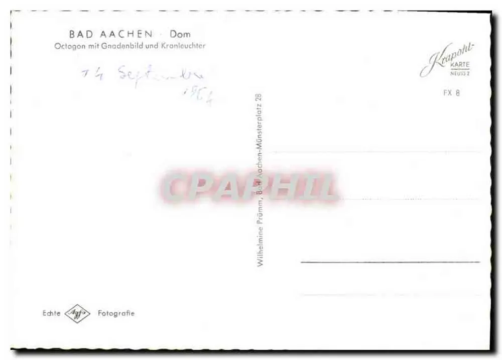 Bad Aachen - Dom — Octagon mit graziler Darstellung und Kronleuchter — Verlag Wilhelmine Prämm, Bad Aachen - Rückseite
