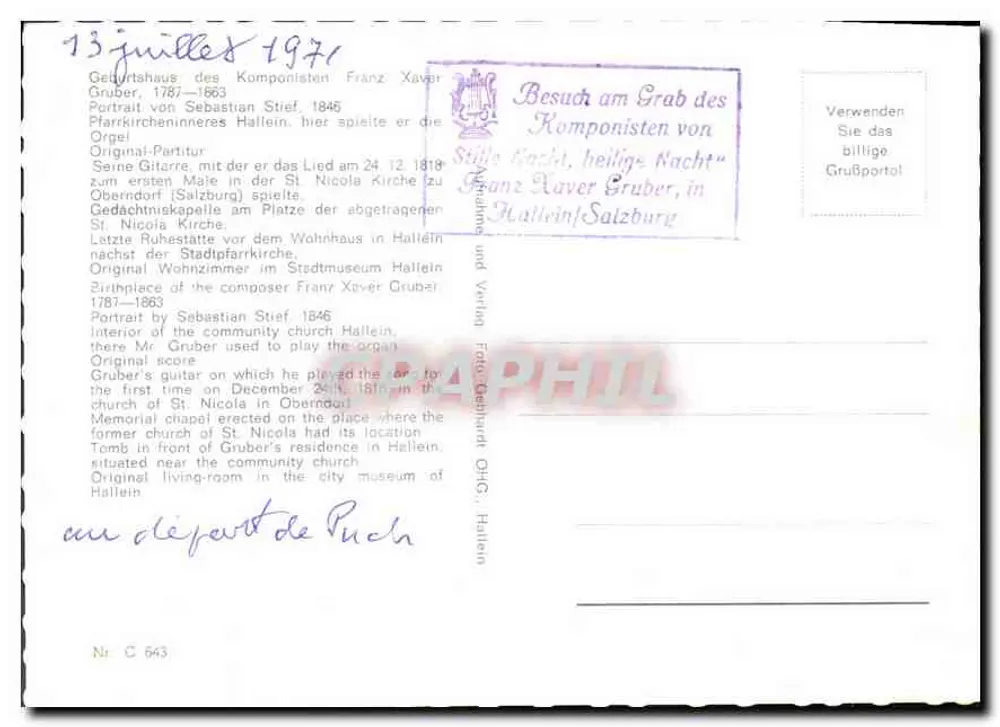 Hallein — Franz Xaver Gruber — Geburtsort, Grab und Werke - Rückseite