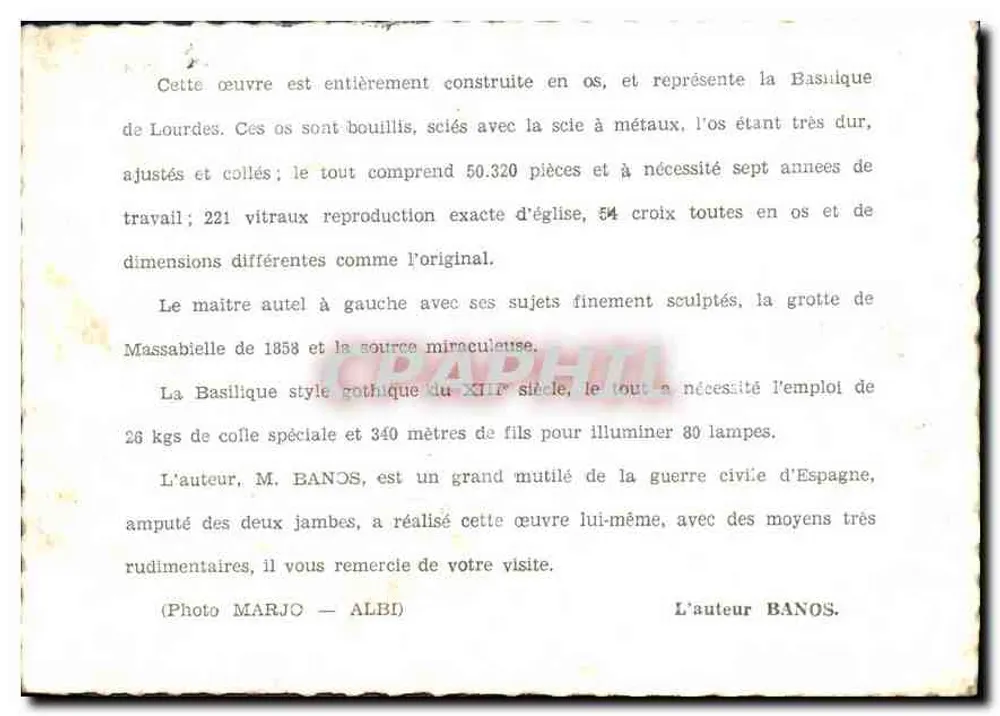 Basilika von Lourdes — Nachbildung aus Knochen — Werk von M. Banos - Rückseite