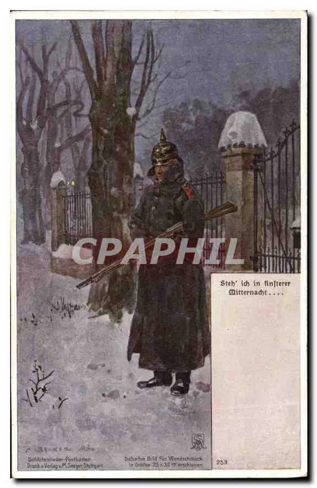 Soldado no inverno — cena noturna — Druck u. Verlag M. Seeger, Stuttgart, n° 258 - Frente