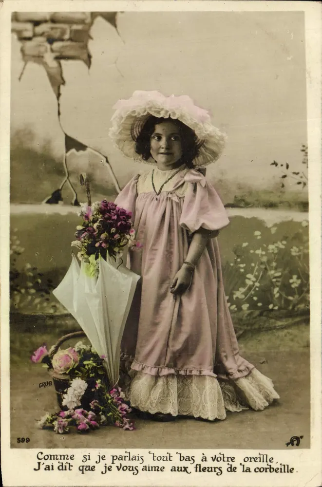 Mädchen in rosa Kleid und Hut mit Schleiern — Liebesgedicht — Verlag GROB, n°599 - Vorderseite