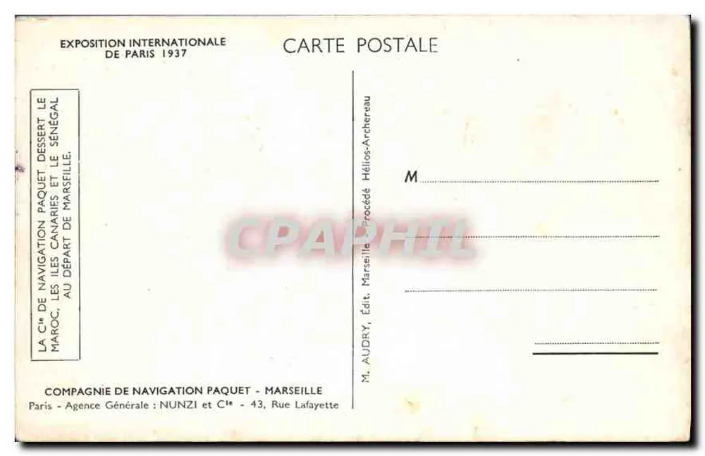 Das Dampfschiff CheLLa — Compagnie de Navigation Paquet — Internationale Ausstellung von Paris 1937 - Rückseite