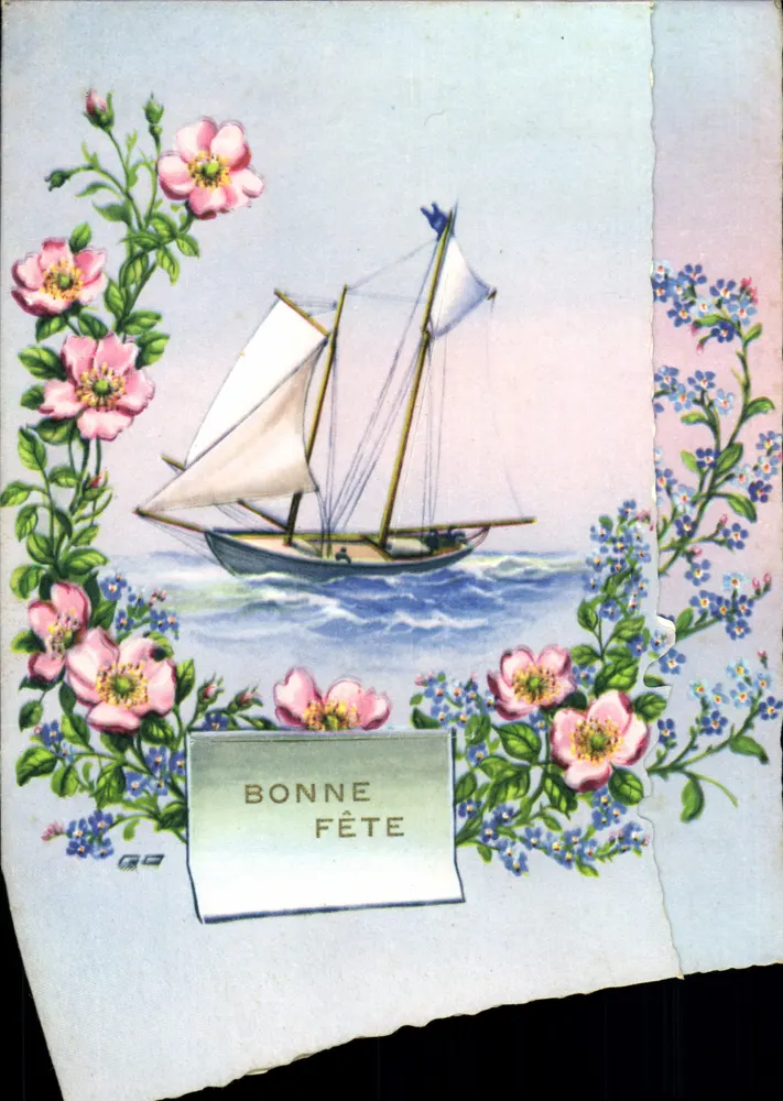 Embarcação a vela — flores de rosas e de lavanda — editor G.G. - Frente
