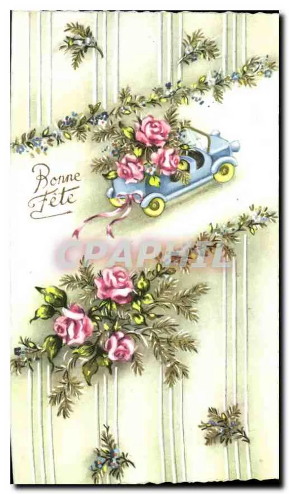 Carro azul com rosas — Carta de boas-vindas — Impressa na Itália - Frente