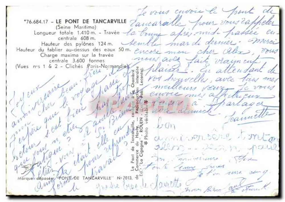 Vistas do Ponte de Tancarville — Seine Maritime — Editor La Gironne, N°7013 - Verso