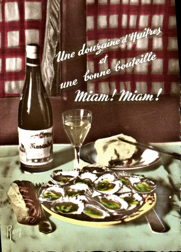एक दर्जन ओyster और एक अच्छा बोतल — Muscadet — श्रृंखला 797 समुद्री गैस्ट्रोनॉमी — प्रकाशक F. Grépeau, Nantes - आगे