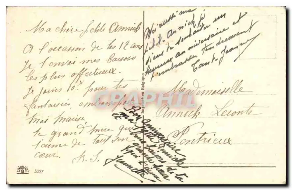 Dois crianças com buquê e cesta — Feliz Aniversário — Impressão na Bélgica - Verso
