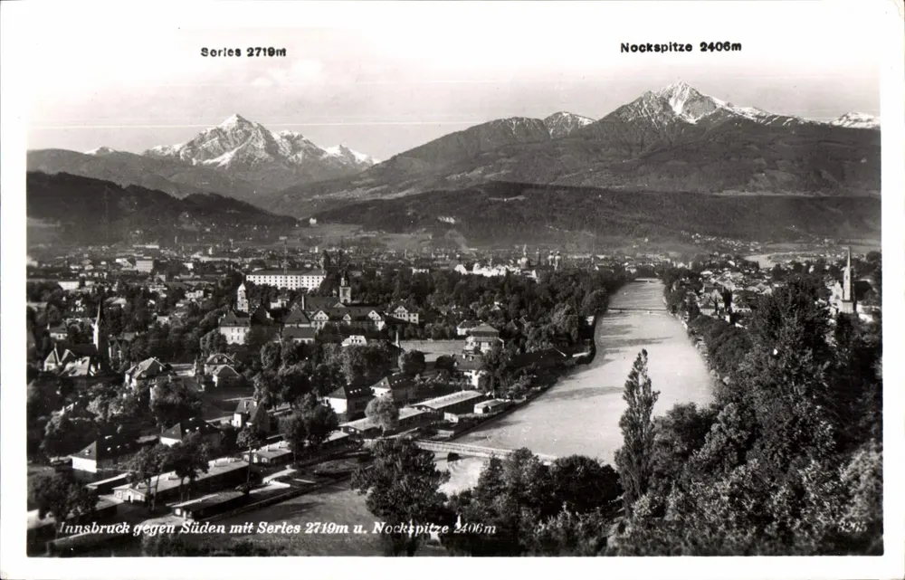 Innsbruck nach Süden mit Series 2719m und Nockspitze 2406m — Verlag: Echte Photographie - Vorderseite