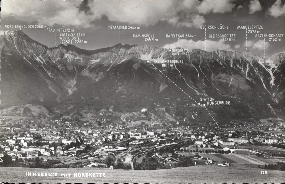 Innsbruck com Nordkette — vista panorâmica das montanhas com altitudes — editor desconhecido, n° de série 110 - Frente