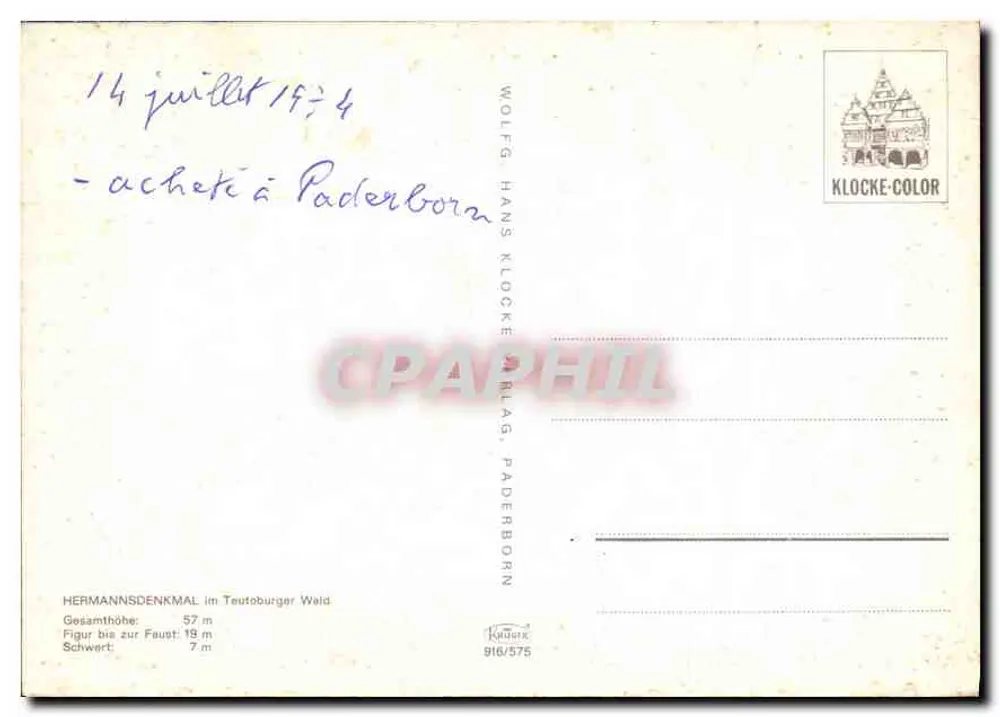 Hermannsdenkmal — monumento a Hermann o Caçador — editor Klocke-Color, n° 916/575 - Verso