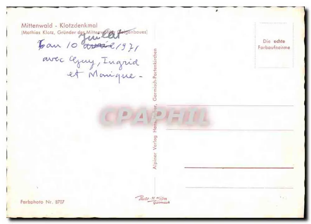Mittenwald - Klotz-Denkmal — Mathias Klotz, Gründer des Mittenwalder Geigenbaus — Alpiner Verlag Hans Huber, Garnisich-Portenkirchen - Rückseite