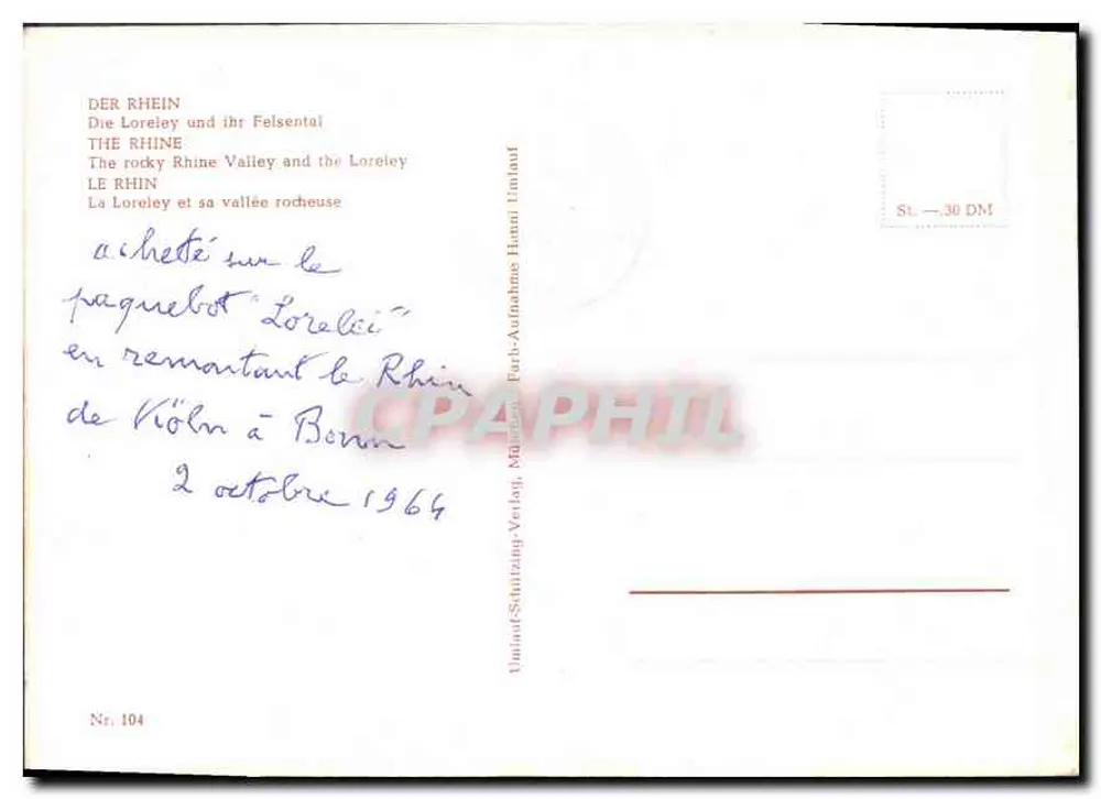 El Rin y la valle rocoso — La Loreley — editorial Unimail-Schützungs-Verlag, n° 104 - Reverso