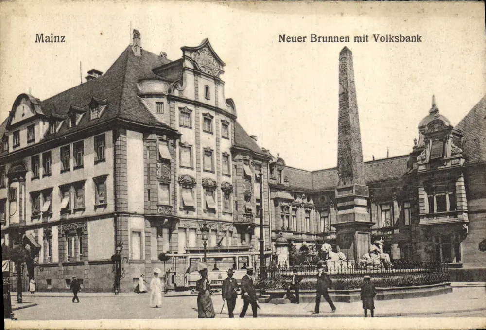Mainz — Neuer Brunnen mit Volksbank — unbekannter Verlag - Vorderseite