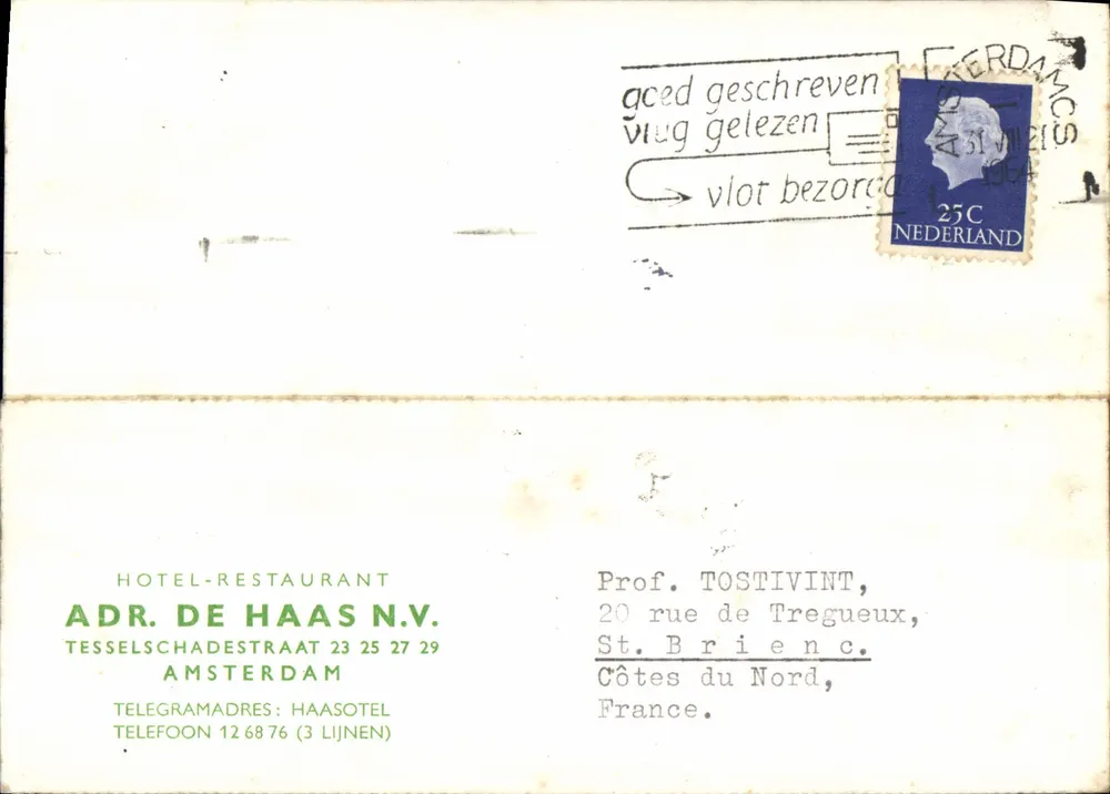 Hotel-Restaurant ADR. DE HAAS N.V. — Amsterdam — Buchung für Prof. Tostivint — 31. August 1964 - Vorderseite