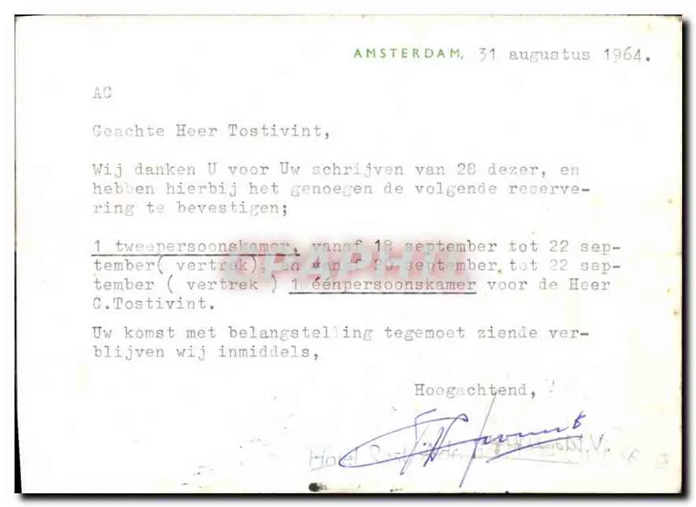 Hotel-Restaurant ADR. DE HAAS N.V. — Amsterdam — Buchung für Prof. Tostivint — 31. August 1964 - Rückseite