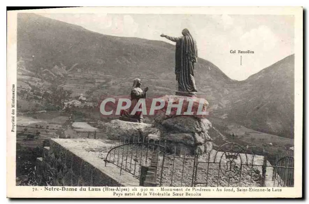 Nossa Senhora do Laus (Alpes Altos) — Monumento de Pindreau — Terra natal da Venerável Irmã Benoîte — editor: Propriedade dos Missionários - Frente