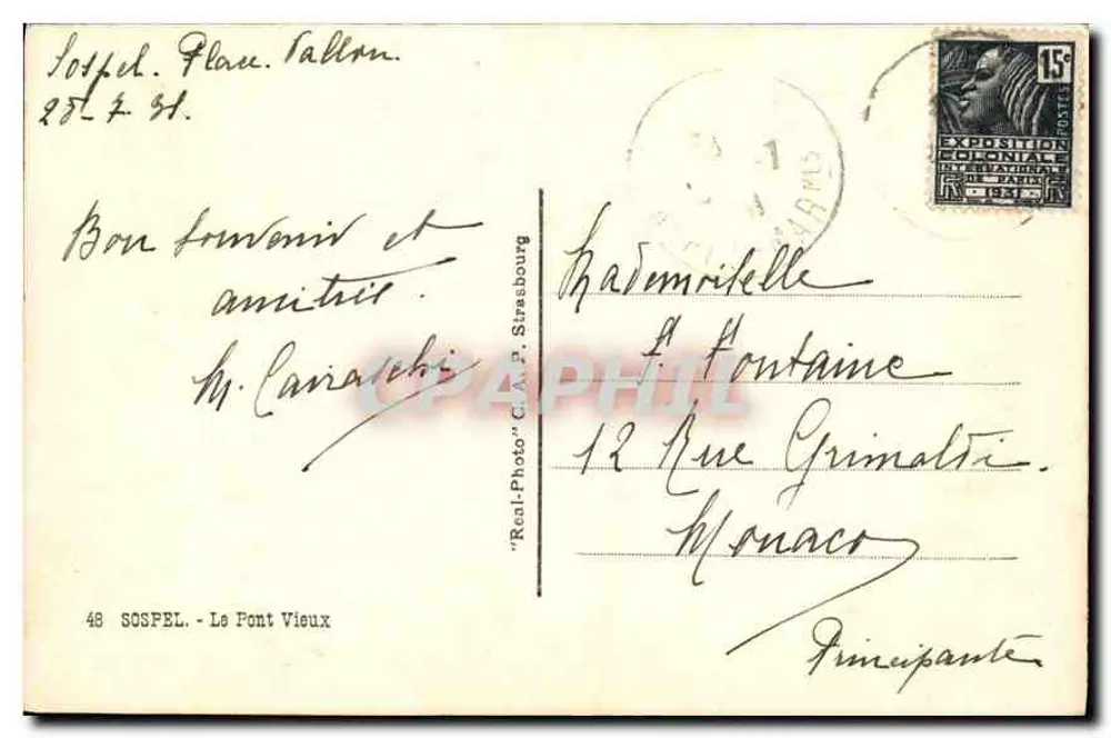 Sospel - O Velho Ponte — Sospel, França — editor C.A.P. Strasbourg, n°48 - Verso