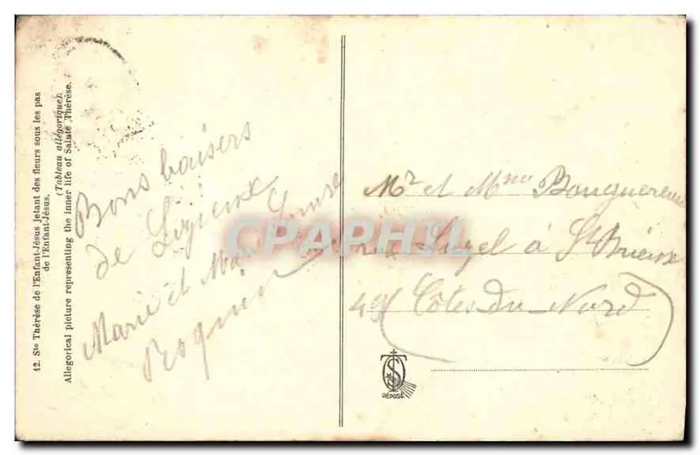 Sainte Thérèse de l'Enfant-Jésus — Allegorie der Blumen unter den Füßen — Verlag Denos - Rückseite