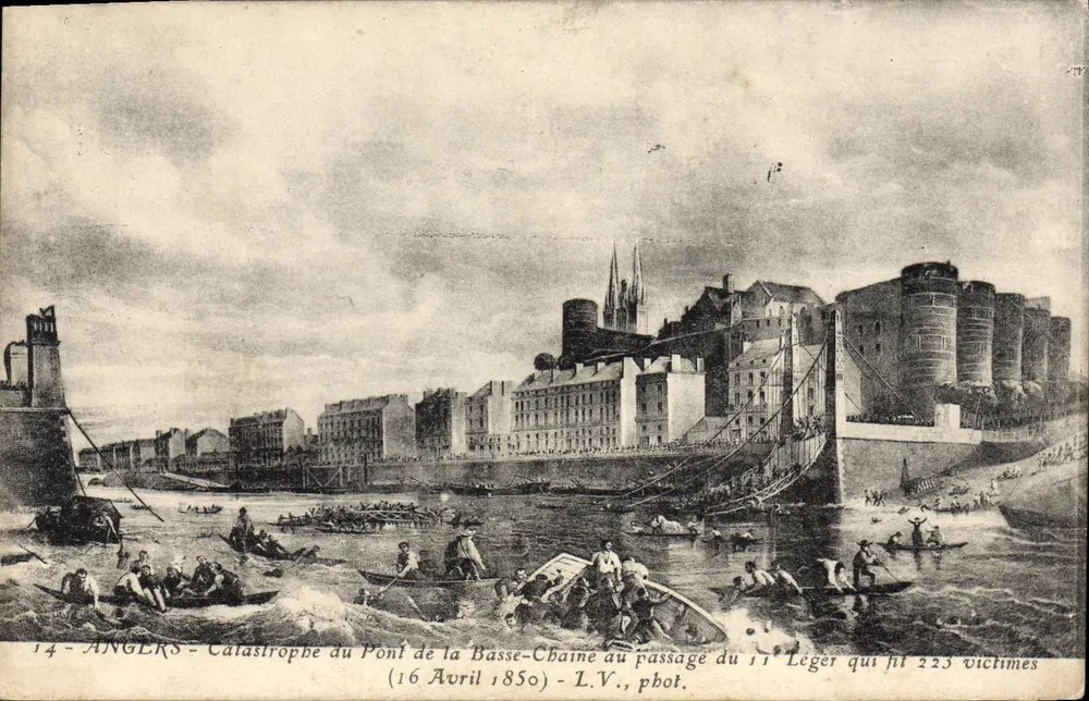 Angers — Katastrophe am Pont de la Basse-Chaine während des Durchgangs der 11. Leichten Infanterie (16. April 1850) — L.V., phot. - Vorderseite