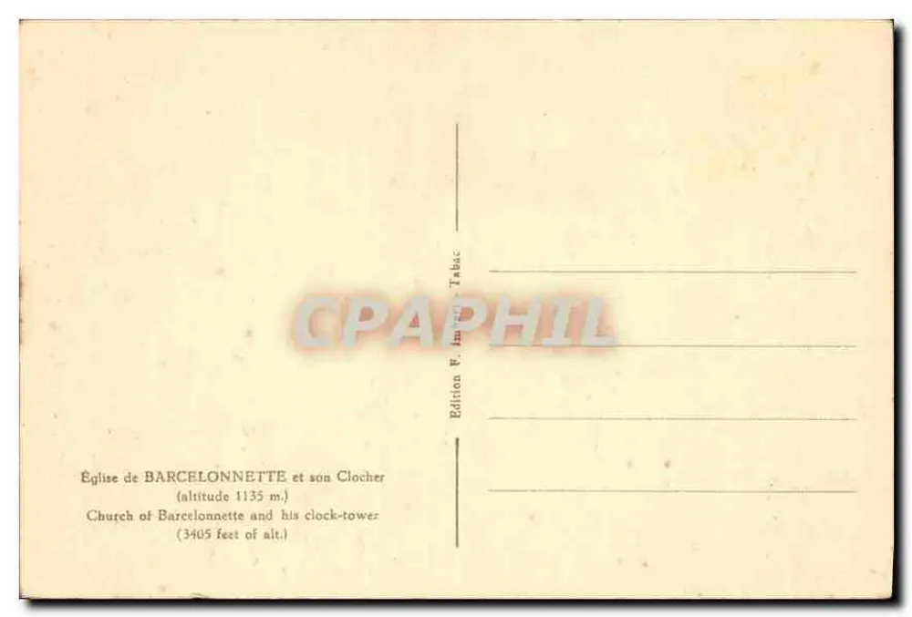 Église de Barcelonnette et son clocher — altitude 1135 m — Édition F. Imbert - Tabac - Verso