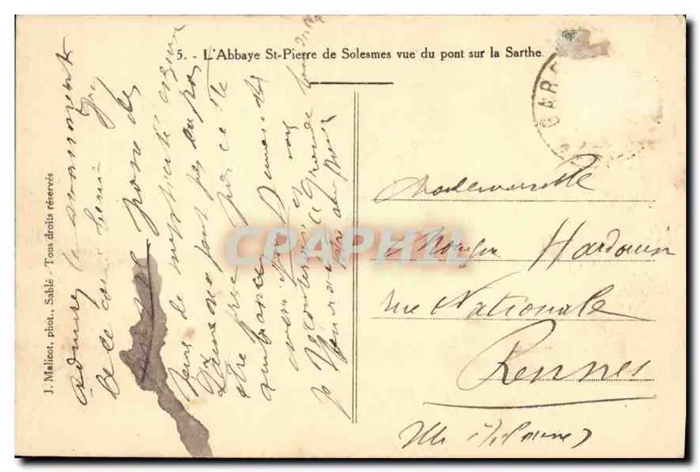 Abtei Saint-Pierre de Solesmes, Ansicht von der Brücke über die Sarthe — J. Malicot, phot. Sablé, n°5 - Rückseite