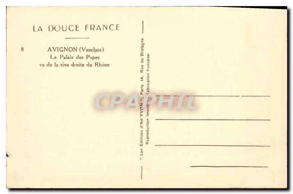 Avignon (Vaucluse) — Ansicht des Palais des Papes von der rechten Seite des Rhône — Les Éditions d'Art Yvon, Paris - Rückseite