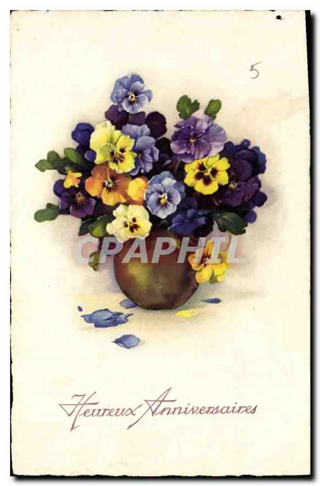 Arranjo de flores de pensamento — Carta de aniversário — Editor: FONDARPE & Cie, FRANÇA, N° 150 - Frente