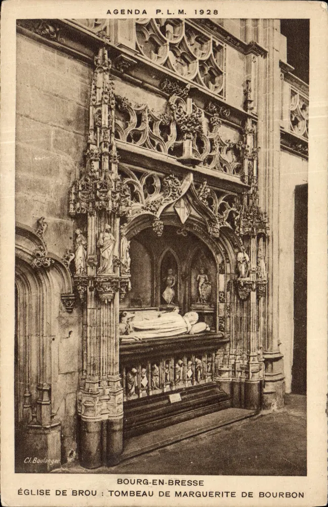 Kirche von Brou: Grabmal von Marguerite de Bourbon — Bourg-en-Bresse — Cl. Boulanger, Agenda P.L.M. 1928 - Vorderseite