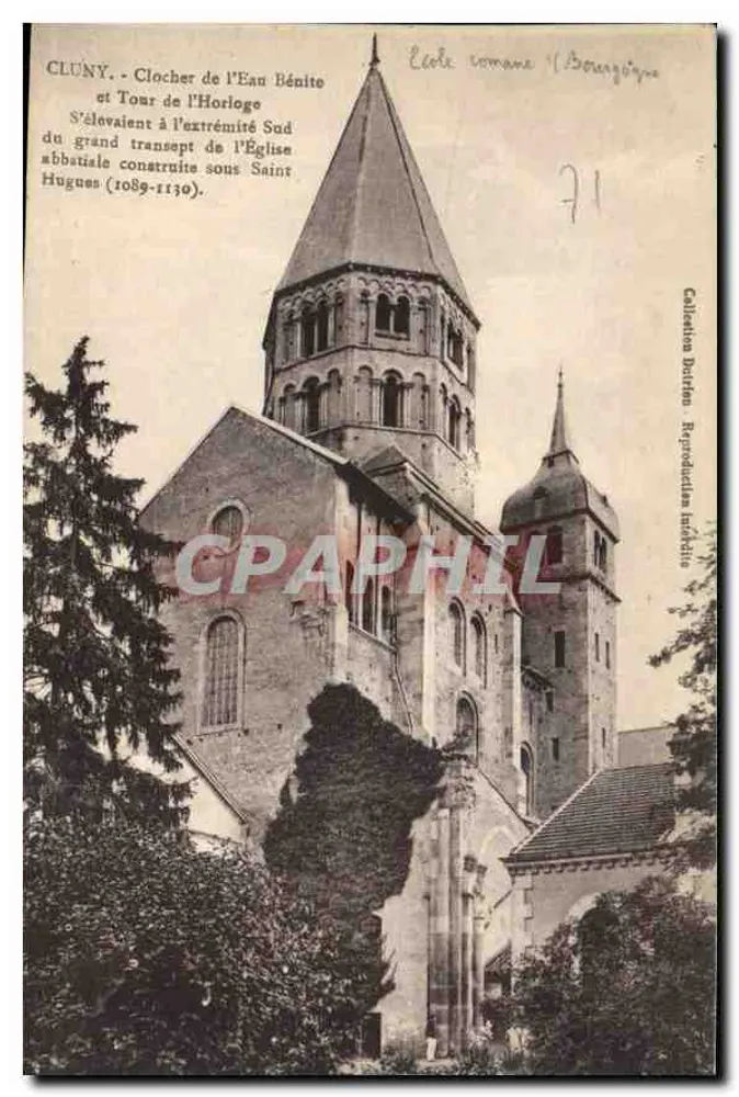 Cluny - Glockenturm des Élan Bénite und Uhrenturm — romanische Kirche (Burgund) — Sammlung Doutin, Lithografie - Vorderseite