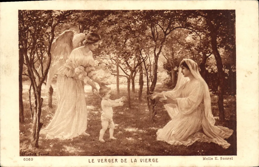 Le Verger de la Vierge — scène religieuse avec ange, enfant et Vierge — éditeur Melle E. Sonrel, n° 6089 - Frente