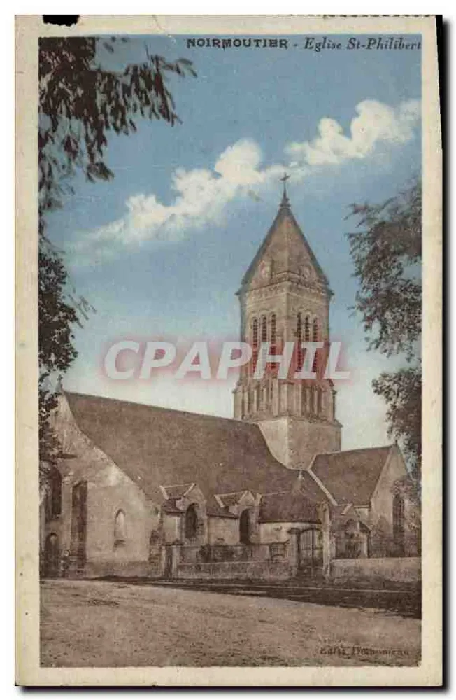 Noirmoutier - Église Saint-Philibert — vue de l'édifice avec son clocher à toit conique, éditeur G. Perbonneau - Frente