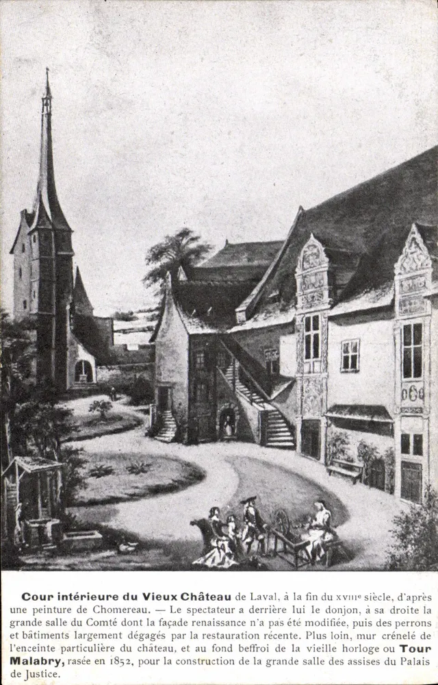 Cour intérieure do Velho Castelo de Laval — segundo uma pintura de Chomereau — Coleção Arqueológica Goupil, Laval, N° 14 - Frente