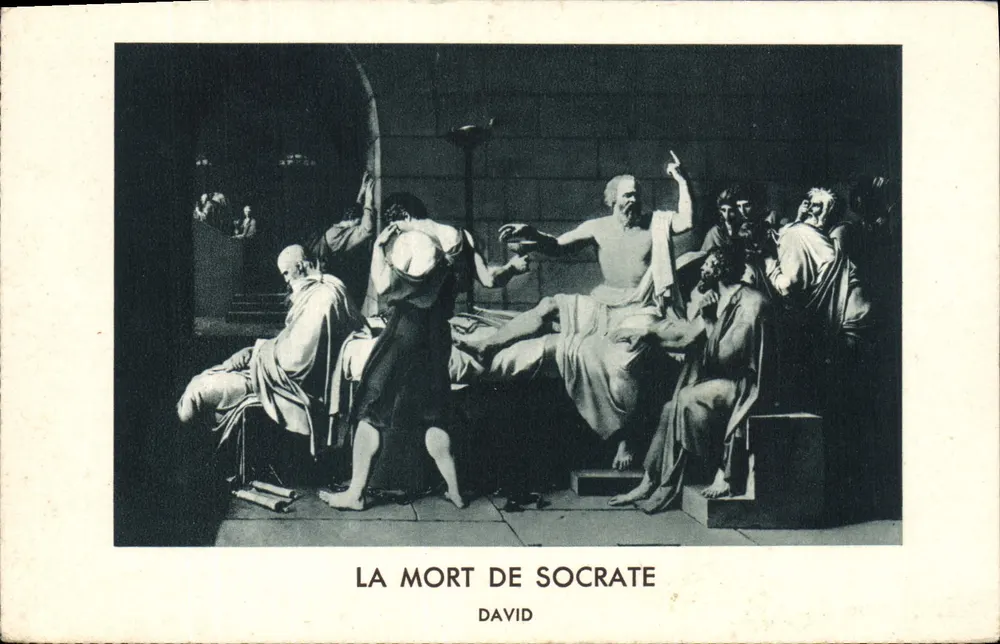 A Morte de Sócrates — pintura de David — editada por Photo Giraudon, Dräger, Imp. - Frente