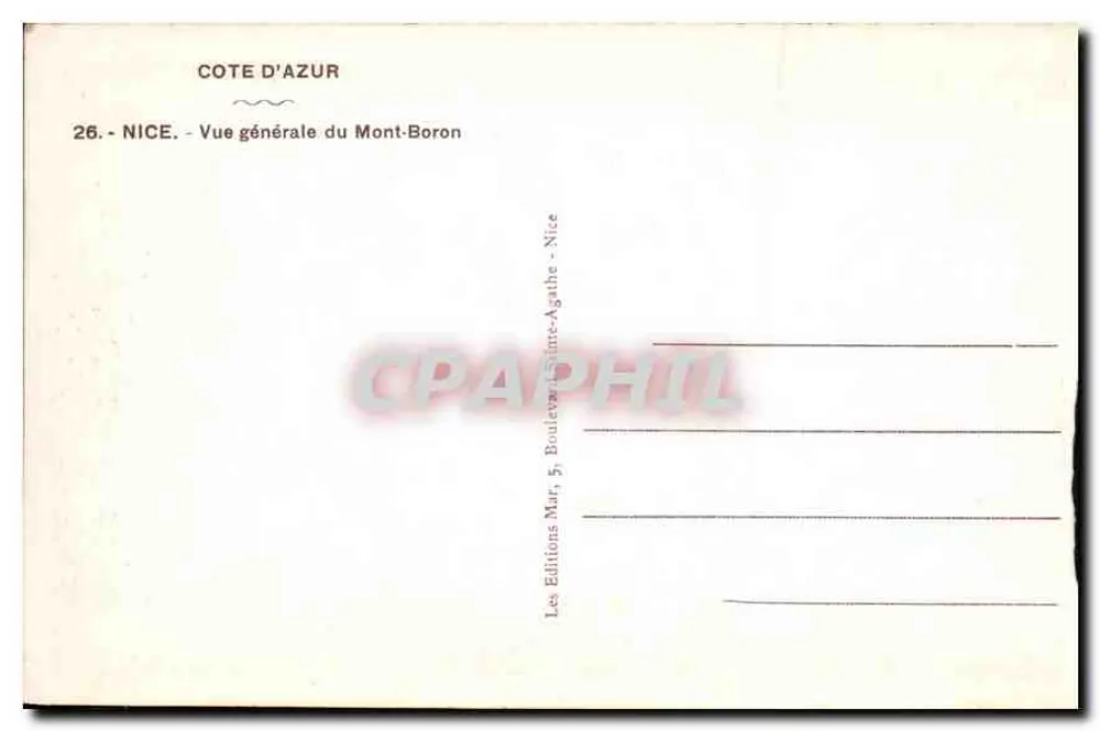 Vista general del Mont-Boron — Niza, Costa Azul — Ediciones Mur, 5, Boulevard Sainte-Agathe, Niza - Reverso