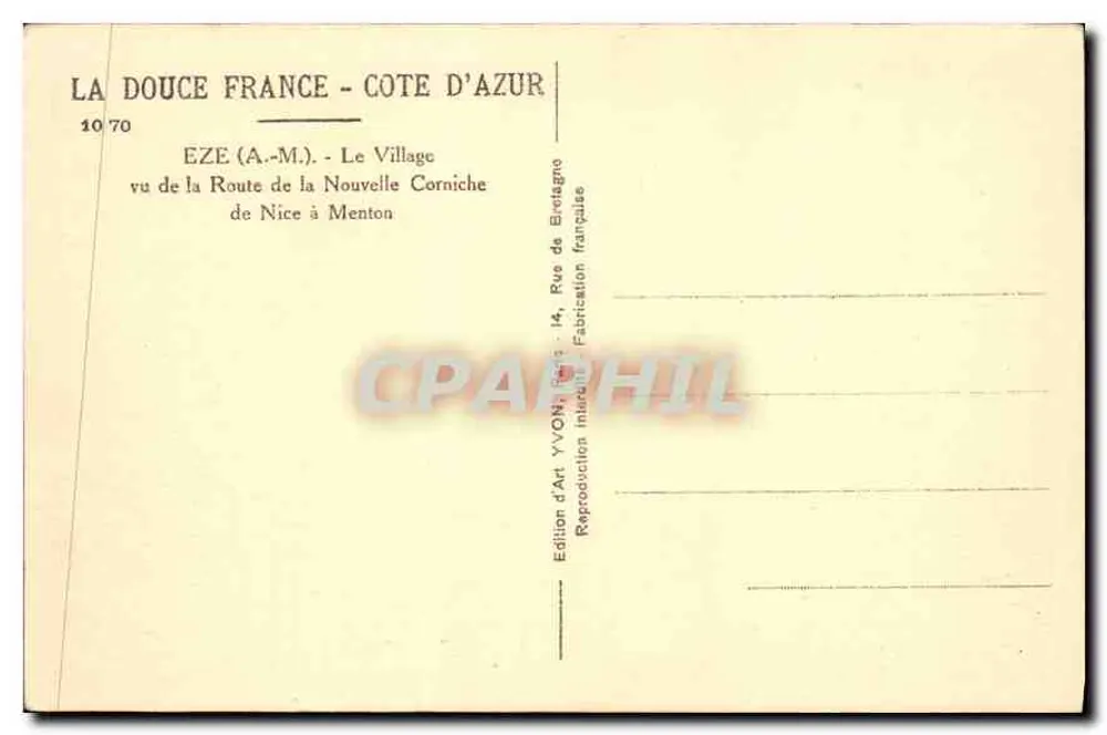 Eze (A.-M.) — Blick auf das Dorf von der neuen Cornichestraße — Edition d'Art YVON, Paris - Rückseite