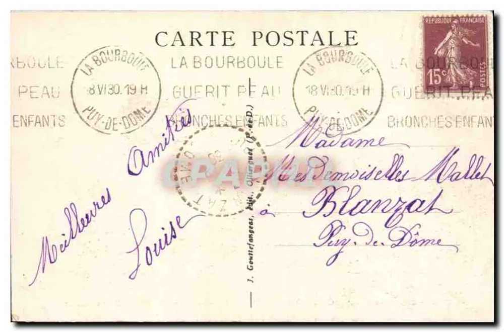 La Bourboule — Allgemeine Ansicht vom Mont Sans-Souci — g. D'O. — 1885 - Rückseite