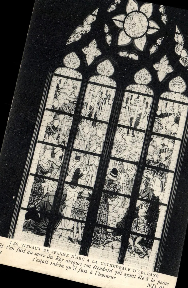 Glasfenster von Jeanne d'Arc in der Kathedrale von Orléans — gedruckter Text - Vorderseite