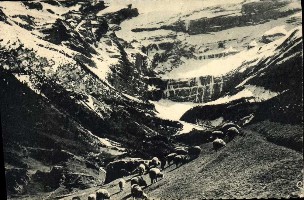 Cirque de Gavarnie — vista panorâmica com rebanho — editor H.P. (H. P. Combier) - Frente
