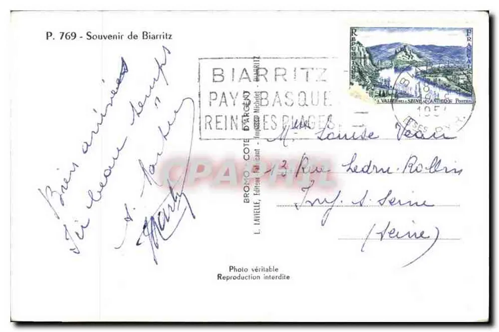Biarritz — paisagens costeiras e farol — editor Lariolle, n° P. 769 - Verso