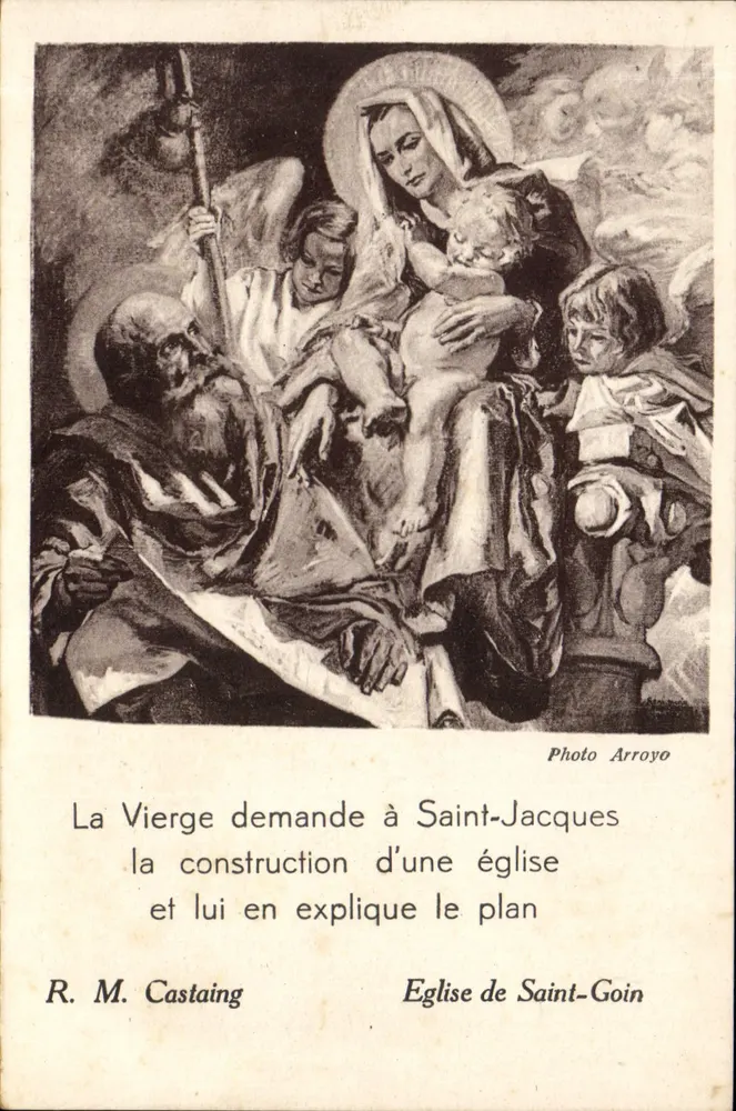 Die Jungfrau bittet den Heiligen Jakob um den Bau einer Kirche und erklärt ihm den Plan — R. M. Castaing, Kirche von Saint-Goin - Vorderseite