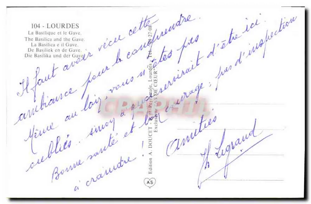 Lourdes — A Basílica e o Gave — Edição A. DOUCET - Verso