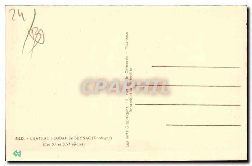 Castelo feudal de Beynac — Dordogne — editor Les Arts Graphiques, n° 840 - Verso
