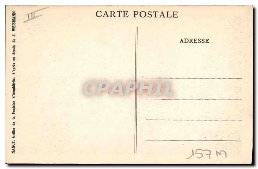 Nancy - Grilhões da Fonte de Amphitrite — desenho de Jacques Weismann, 1926 - Verso