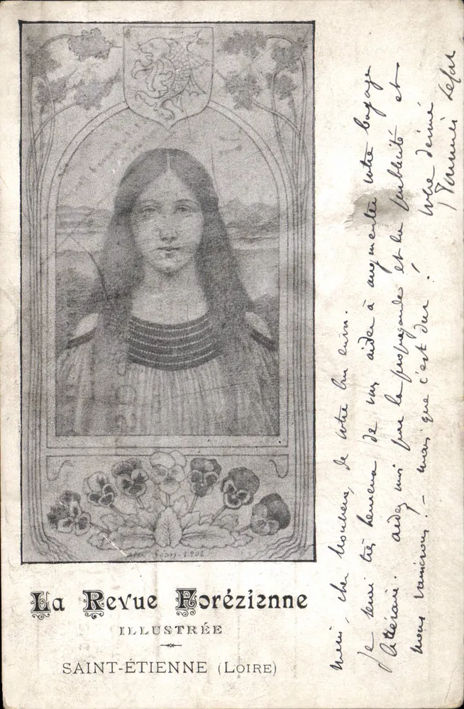 Jeune femme — portrait dans cadre gothique orné — La Revue Forezienne, Saint-Étienne (Loire) - Frente
