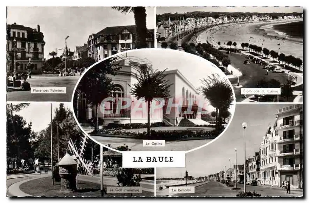 La Baule — vista panorâmica com Place des Palmiers, O Casino, Esplanade do Casino, O Mini-Golfe e O Remblai — Edições ARTAUD e GABY, Nantes - Frente