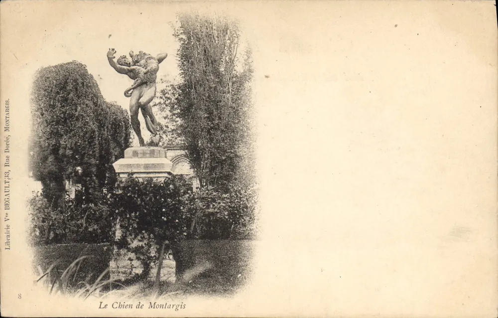 O Cão de Monlargis — estátua em um jardim — Livraria V° BEGAULT, Rue Dorée, Montargis, n°8 - Frente