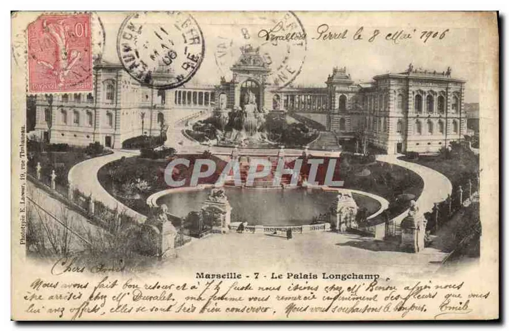 Marseille - O Palácio Longchamp — vista do jardim com fonte — Fototipia E. Lasser, 19, rua Toubabane - Frente