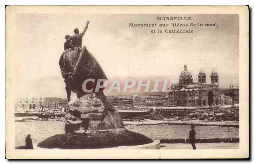 Marseille — Denkmal für die 'Helden des Meeres' und die Kathedrale - Vorderseite