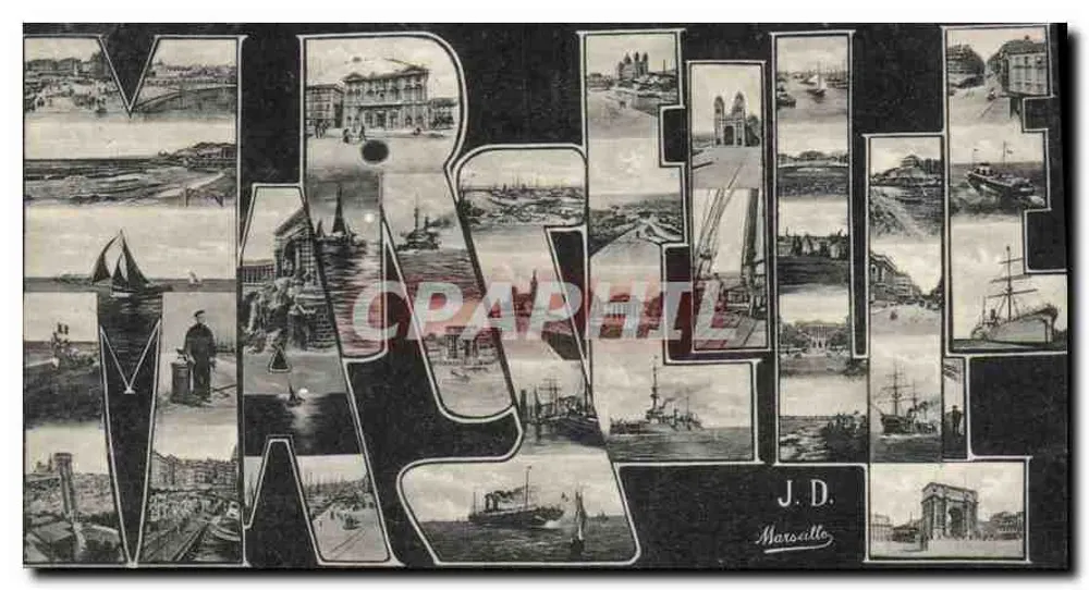 Marseille — vue panoramique en lettres avec scènes portuaires et urbaines — J.D. Marseille - Frente